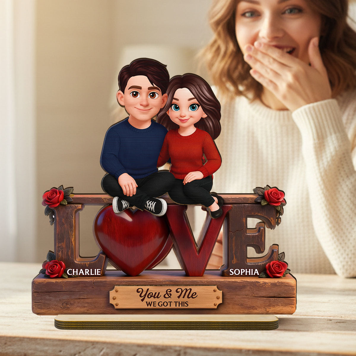 Roses LOVE Couple Sitting Embracing - Personalized 2-Layered Wooden Plaque - Valentine's Day Gift For Couple, For Him, For Her