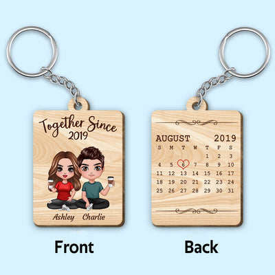 Doll Couple Sitting Anniversary Date Calendar Personalized Wooden Keychain