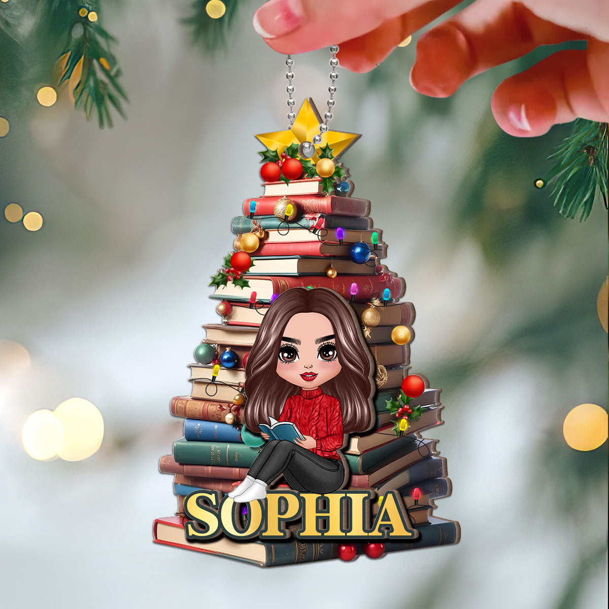 Christmas Book Tree Name Personalized 2-Layer Wooden Ornament, Book Lover Gift, Bookworm Gifts