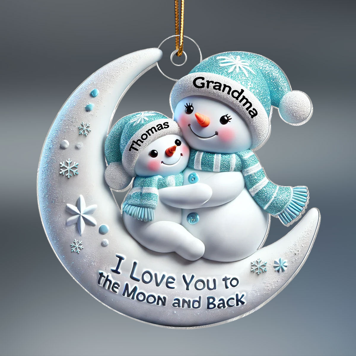 3D Effect Snowman Grandma & Hugging Grandkid On The Moon - Personalized Acrylic Ornament - Gift For Granddaughter, Grandson
