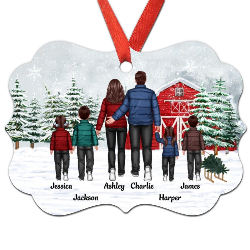 Back View Family Go To Christmas Tree Farm Personalized Christmas Ornament