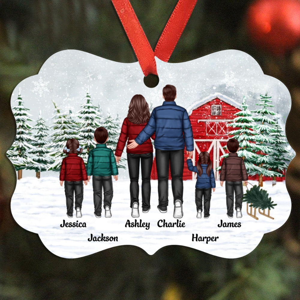 Back View Family Go To Christmas Tree Farm Personalized Christmas Ornament