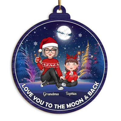 Cute Grandma Grandkids Christmas Moon Night Colorful Tree Personalized Wooden Ornament