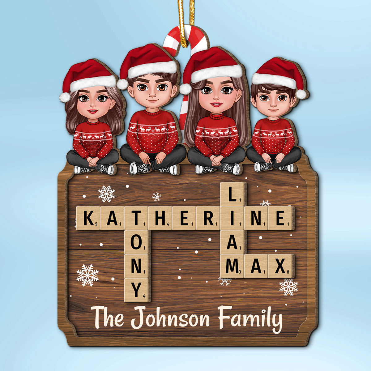 Animated Family Sitting On Crossword Puzzle Board Personalized 2-Layer Wooden Ornament