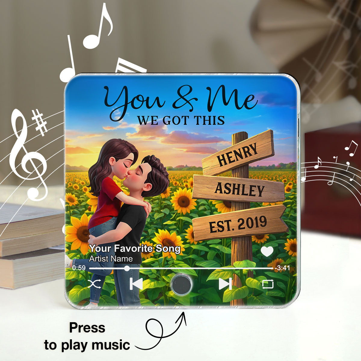 Everlasting Love Couple Hugging Kissing Sunflower Field Sign Posts - Personalized Music Fridge Magnet - Valentine's Day Gift For Couple