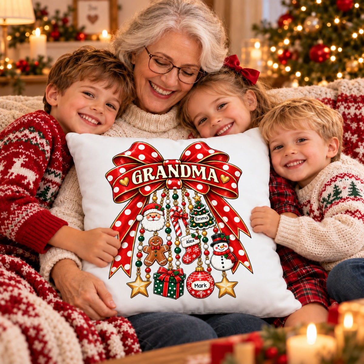 Grandma Retro Christmas Charm Bow - Personalized Pillow - Trendy Christmas for Grandma