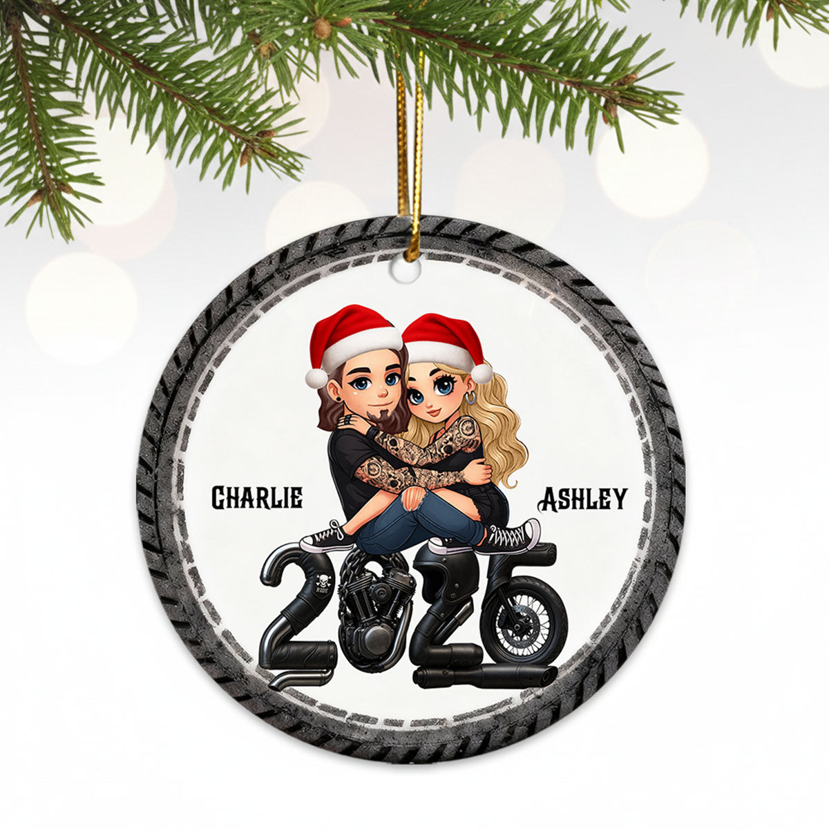 3D Effect Biker Couple Christmas - Personalized Ceramic Ornament - Gift For Bikers, Gift For Him, For Her