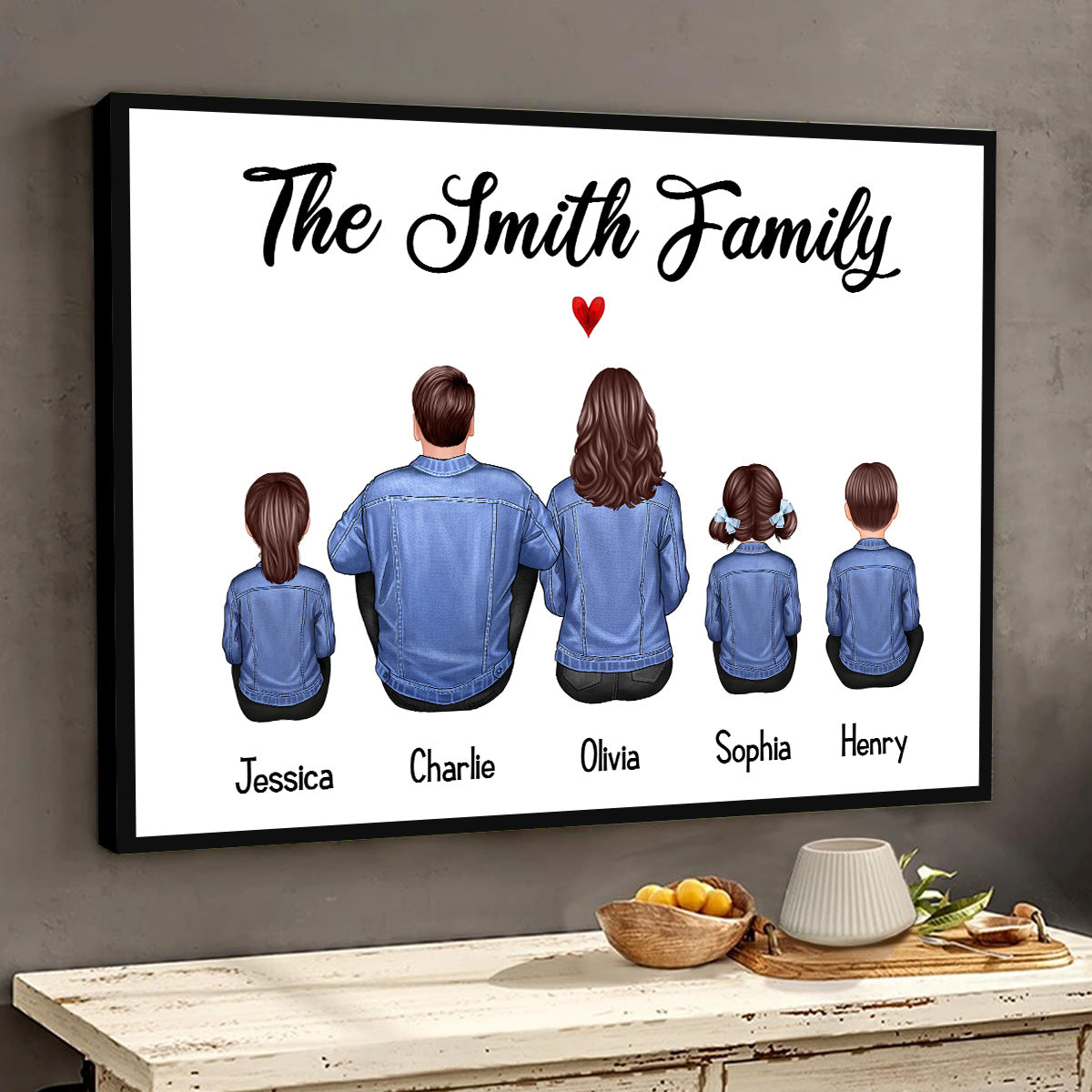 Whole Family Back View Denim Couple Dad Mom Kids Dogs Cats Sitting Personalized Horizontal Poster