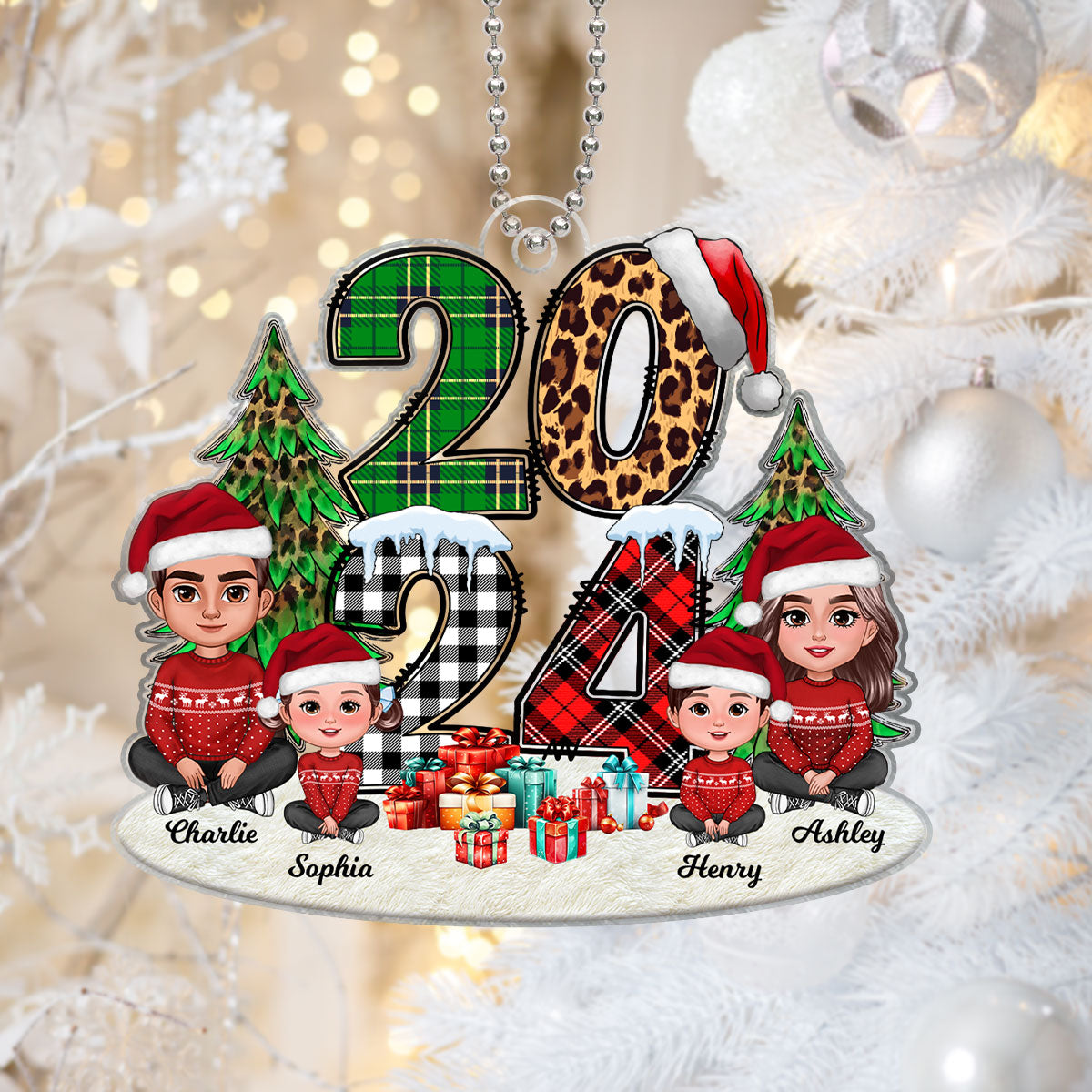 Christmas Family Sitting 2024 Stacked Pattern - Personalized Acrylic Ornament