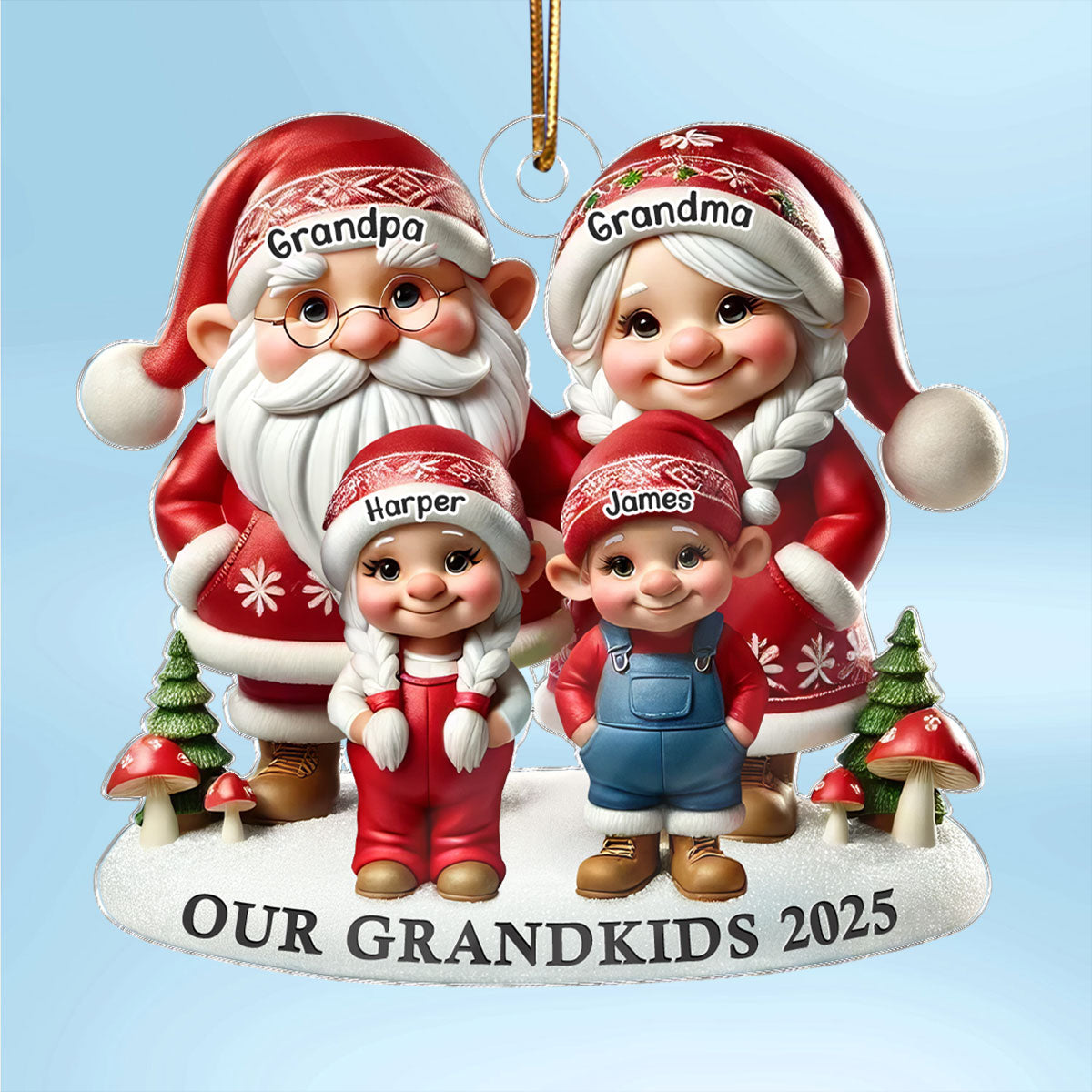 3D Effect Gnome Grandma Grandpa And Grandkids - Personalized Acrylic Ornament - Heartfelt Gift For Grandparents, Grandkids