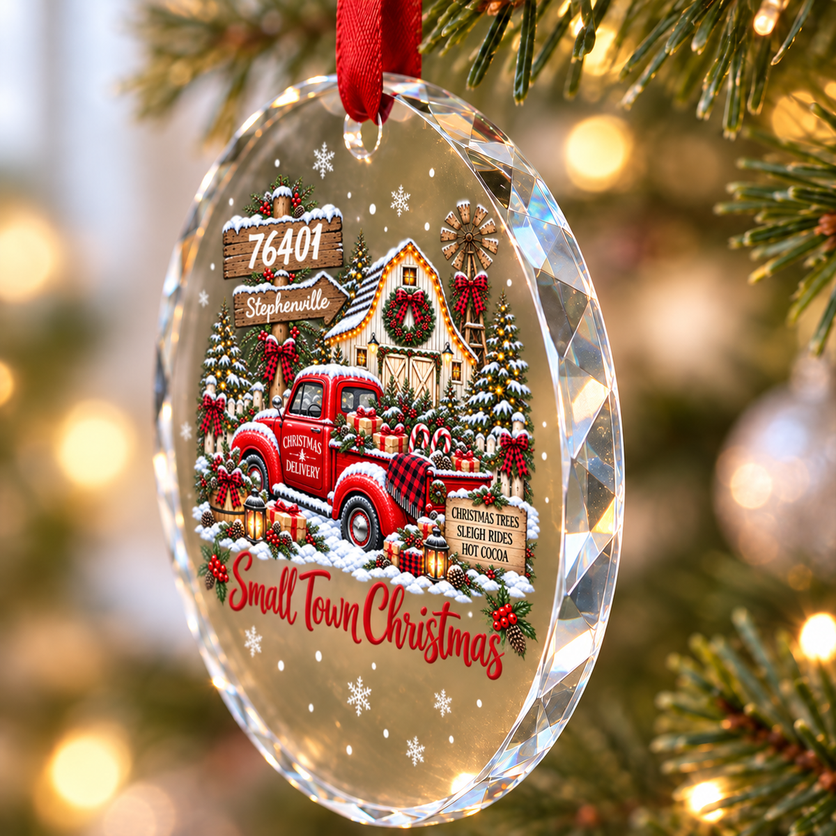Custom Zip Code Small Town Christmas - Personalized Glass Ornament - Trendy Christmas Holiday Tee, Town Pride