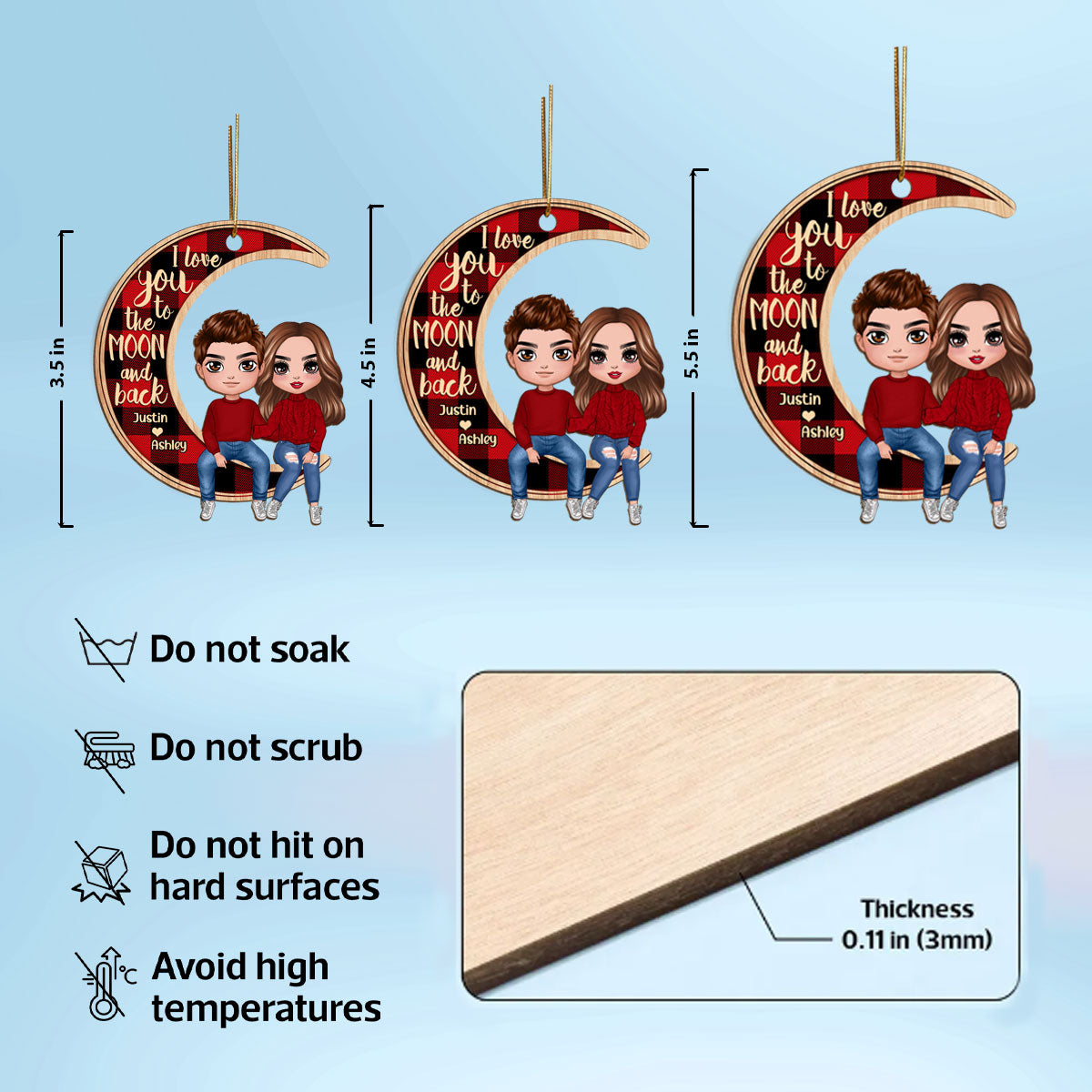 Couple Sitting On Moon Christmas Personalized Wooden Ornament
