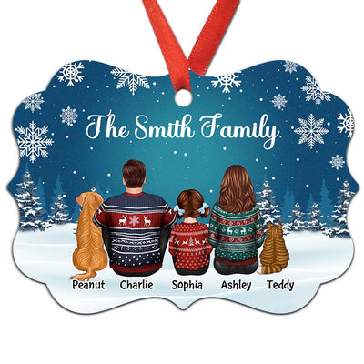 Family Dad Mom Kids Dogs Cats Snow Background Personalized Christmas Ornament