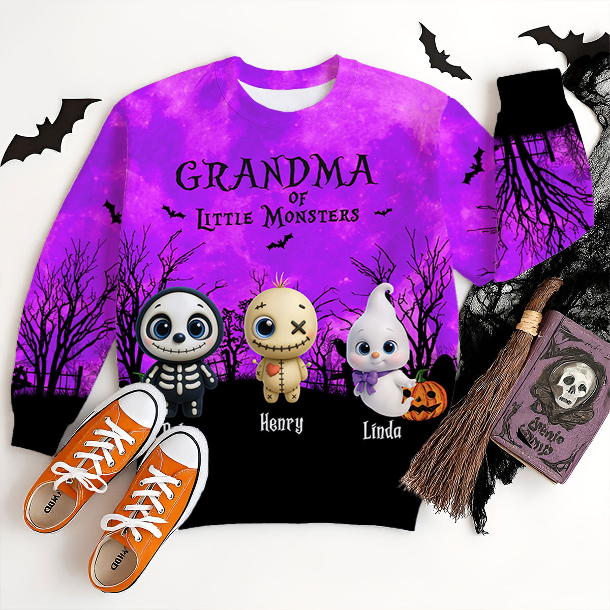 Grandma Mom Cute Little Monsters Halloween Moon Light Bat Tree Personalized 3D Sweatshirt, Purrfect Costume for Grandma