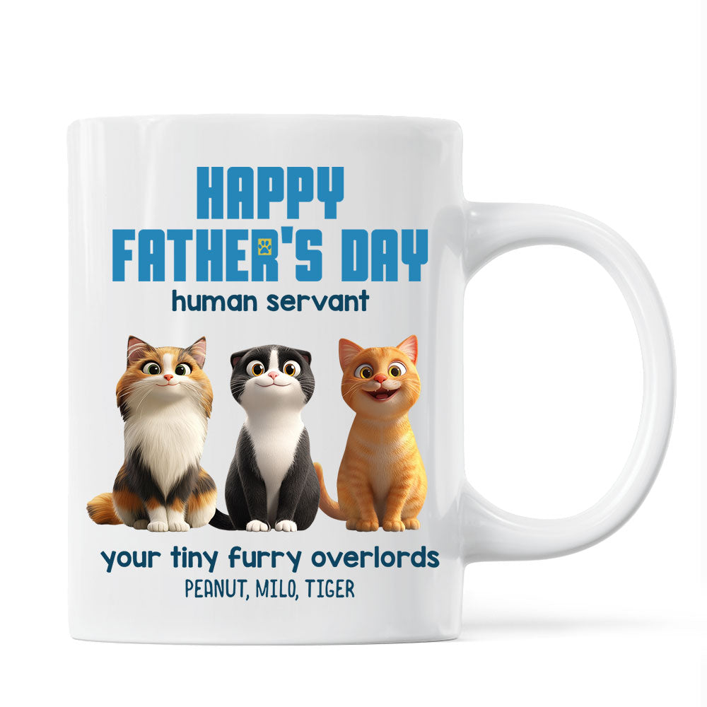 Happy Father's Day Human Servant Personalized Mug, Cute Cartoon Cats, Unique Father's Day Gift for Cat Dads