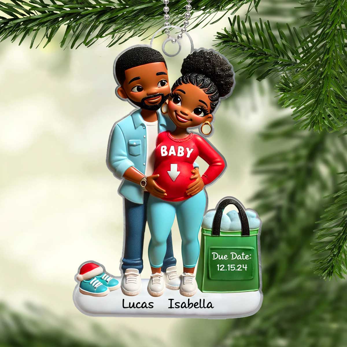 Personalized Baby on the Way Afro Couple Valentine's day Ornament, 3D Effect Ornament,  Keepsake for New Parents