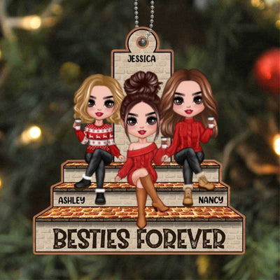 Doll Sisters Besties Sitting On Brick Stair Personalized Wooden Ornament