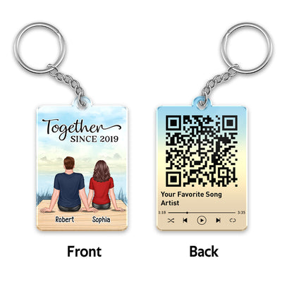 Couple Back View Sitting At Lake Favorite Song Scannable QR Code Personalized Acrylic Keychain