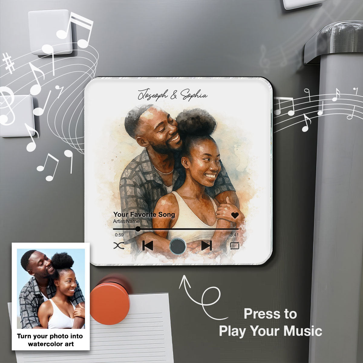 Custom Couple Watercolor Portrait from Photo Personalized Music Fridge Magnet, Gift for him, Gift for her