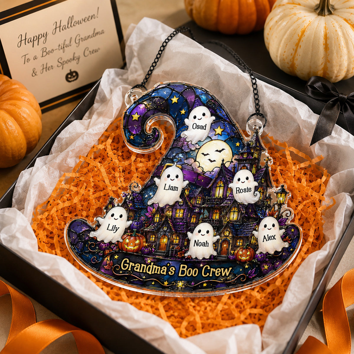 Halloween Village Witch Hat Grandma - Personalized Acrylic Window Hanging - Halloween Decor Gift, Gift For Grandma