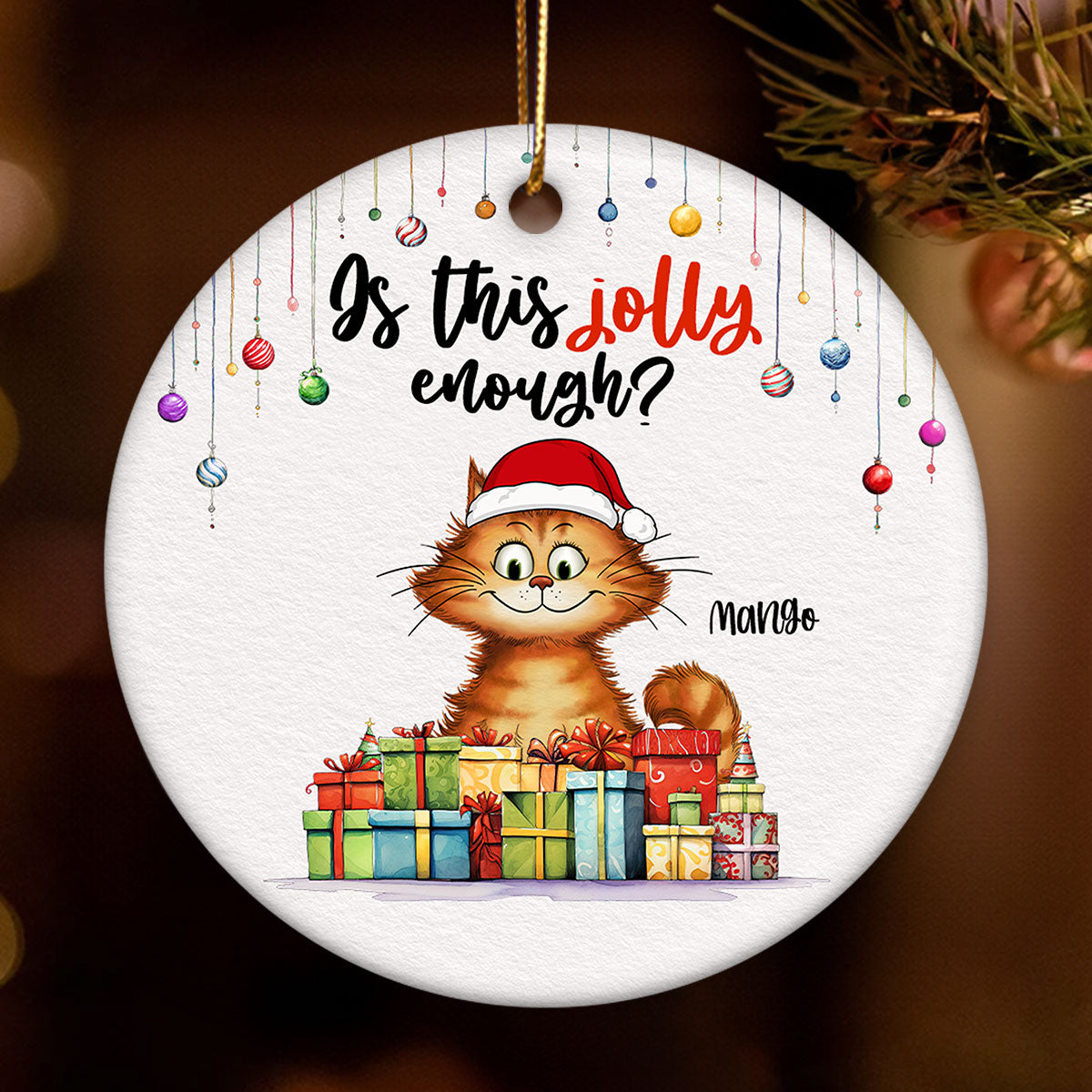 Is This Jolly Enough Quirky Whimsical Christmas Cats Personalized Circle Ceramic Ornament