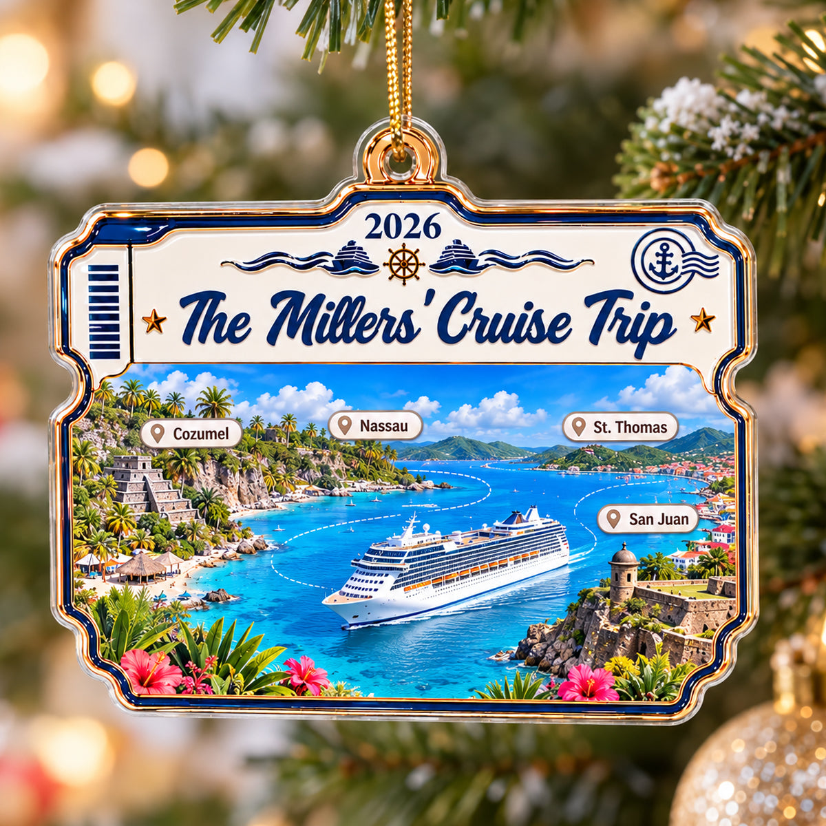 Cruise Destinations Cruise Ticket Frame 2D Flat Printed - Personalized Acrylic Ornament - Cruise Trip Keepsake, Christmas Tree Decor For Family, Couples