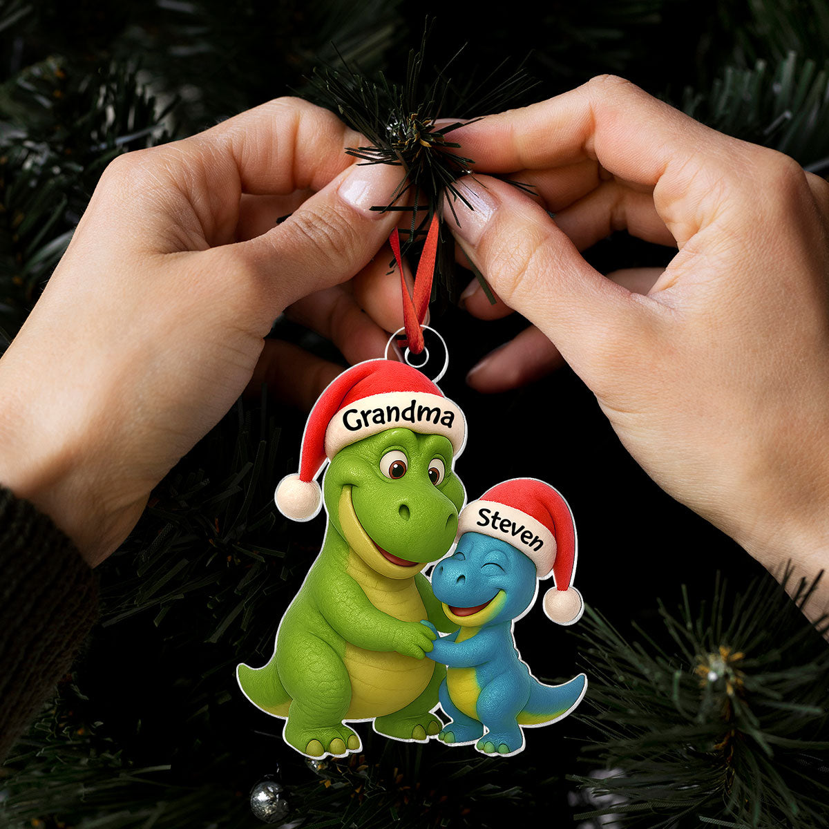 3D Effect Heartwarming Grandmasaurus Hugging Dinosaur Grandkid - Personalized Acrylic Car Hanger - Fun & Unique Gift For Grandkids