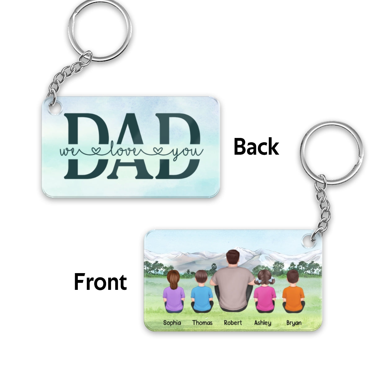 Best Dad Ever Back View Man & Kids Kid Dog Cat Sitting On Grass Personalized Acrylic Keychain