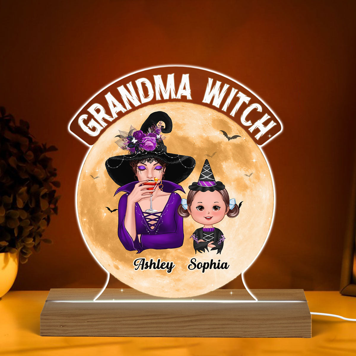 Grandma Witch Halloween Woman & Kids Personalized Custom Shaped Acrylic Plaque With LED Night Light