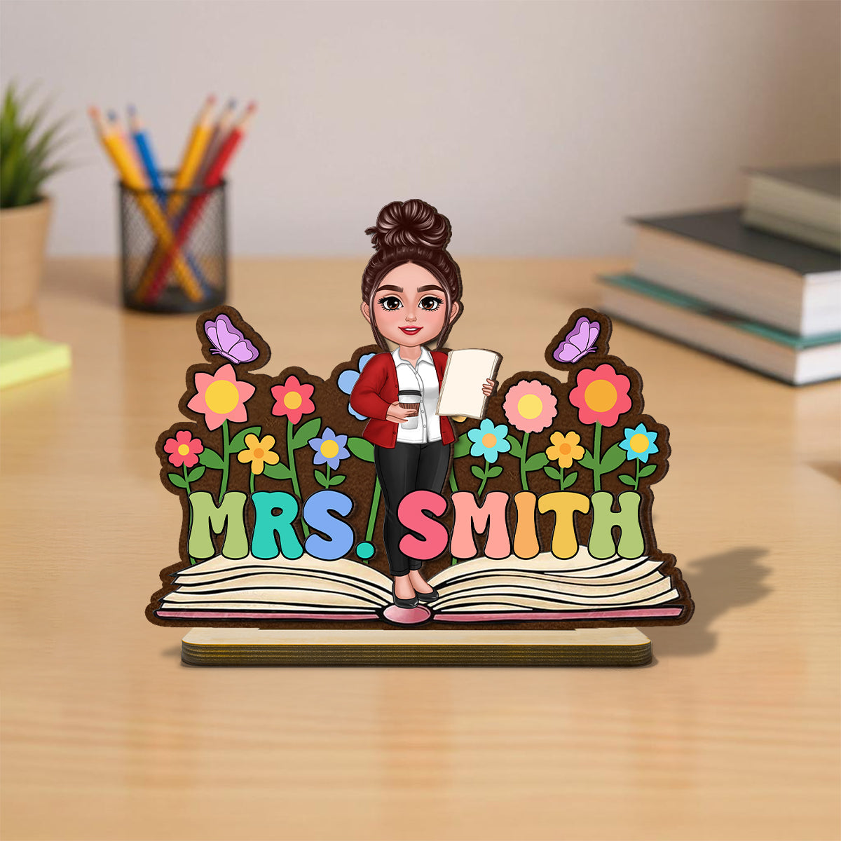 Teacher Flowers Book Personalized Standing Wooden Plaque, Back To School Gift for Teachers
