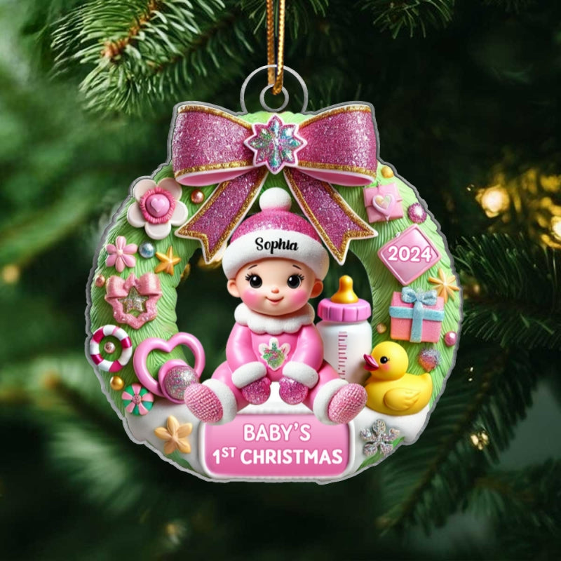 Personalized Wreath Baby's First Christmas Personalized 3D Effect Acrylic Ornament, Christmas Keepsake for Baby