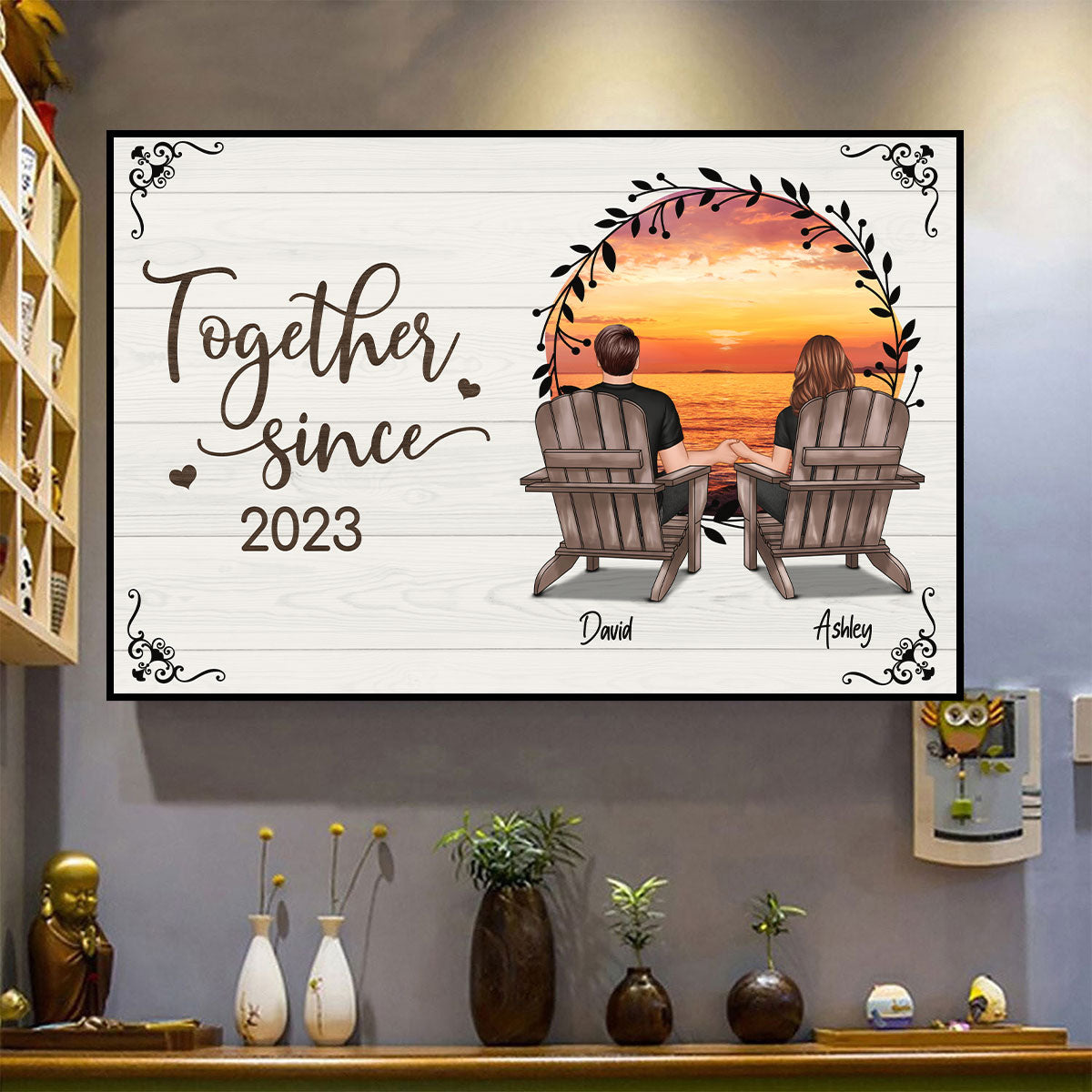 Retro Wreath Couple Beach Landscape Vintage Personalized Poster, Heartfelt 2025  Gift, Anniversary Gift For Couple, Husband, Wife, Dad, Mom