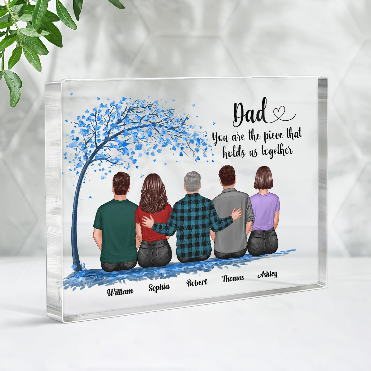 Blue Tree Back View Dad And Daughters Sons Sitting Personalized Horizontal Rectangle Acrylic Block