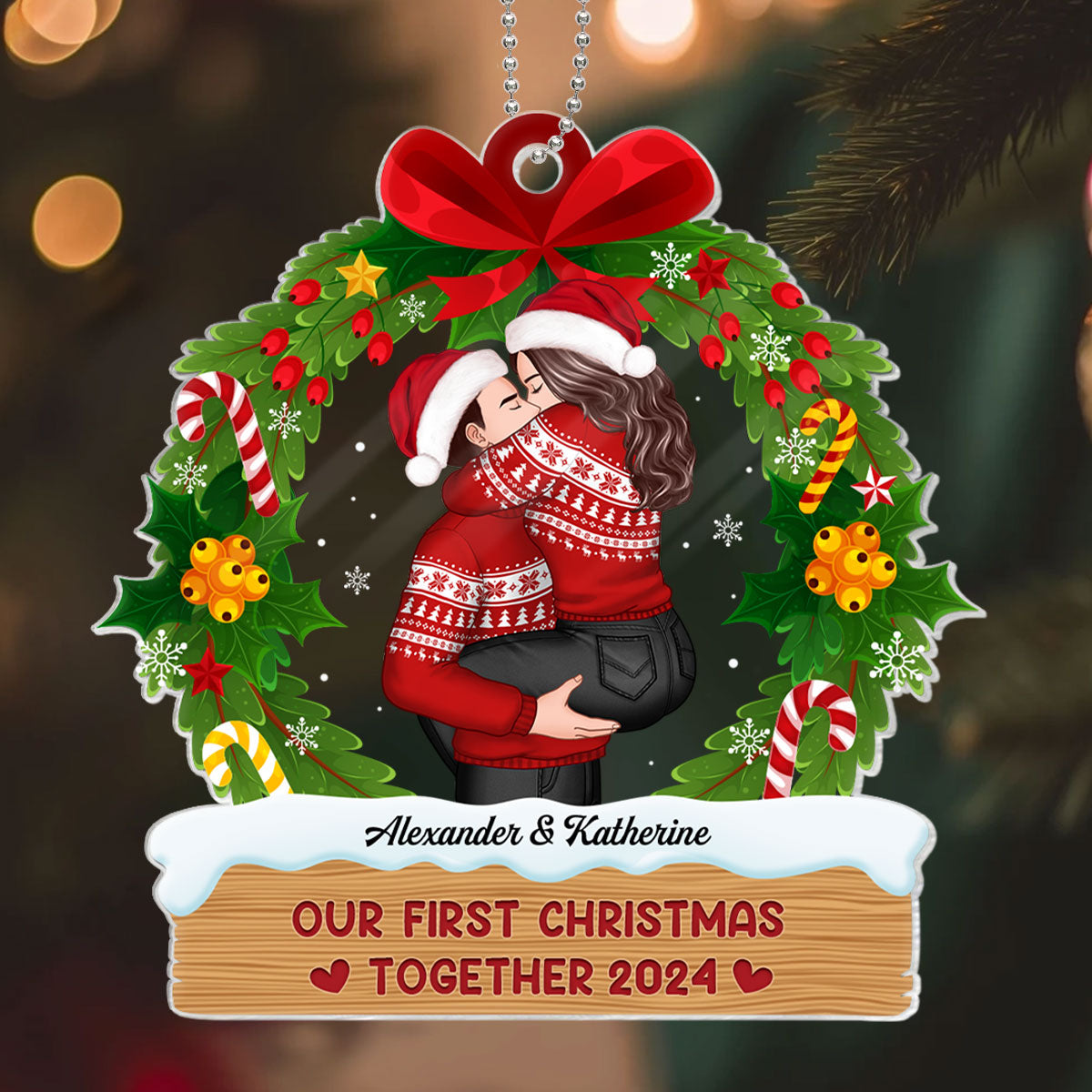 Hugging Kissing Couple Christmas Wreath Personalized Acrylic Ornament, Christmas Gift For Him For Her