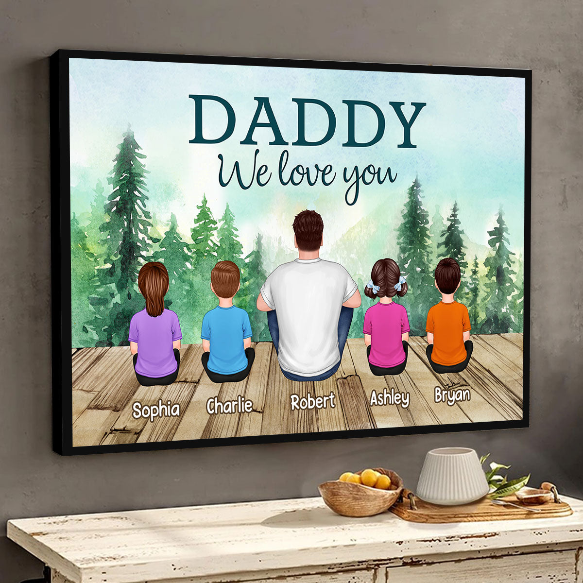 Forest Landscape Dad Grandpa We Love You Back View Dad And Kids Dogs Cats Sitting Personalized Horizontal Poster