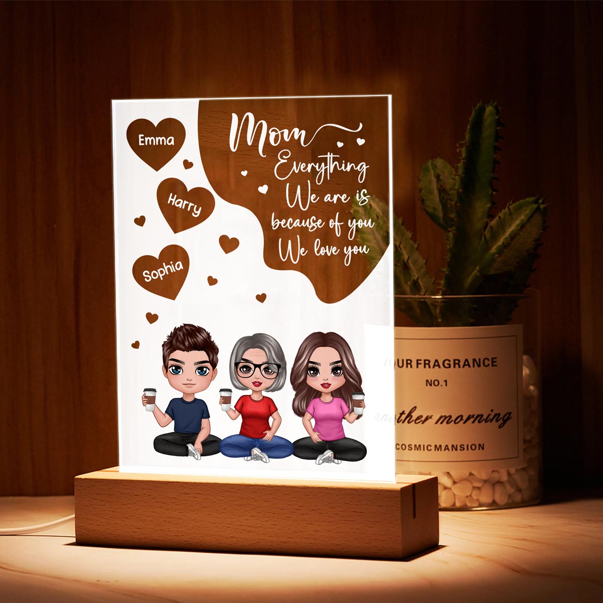 Doll Mom And Daughters Sons Sitting Everything I Am Is Because Of You Personalized Rectangle Acrylic Plaque LED Night Light