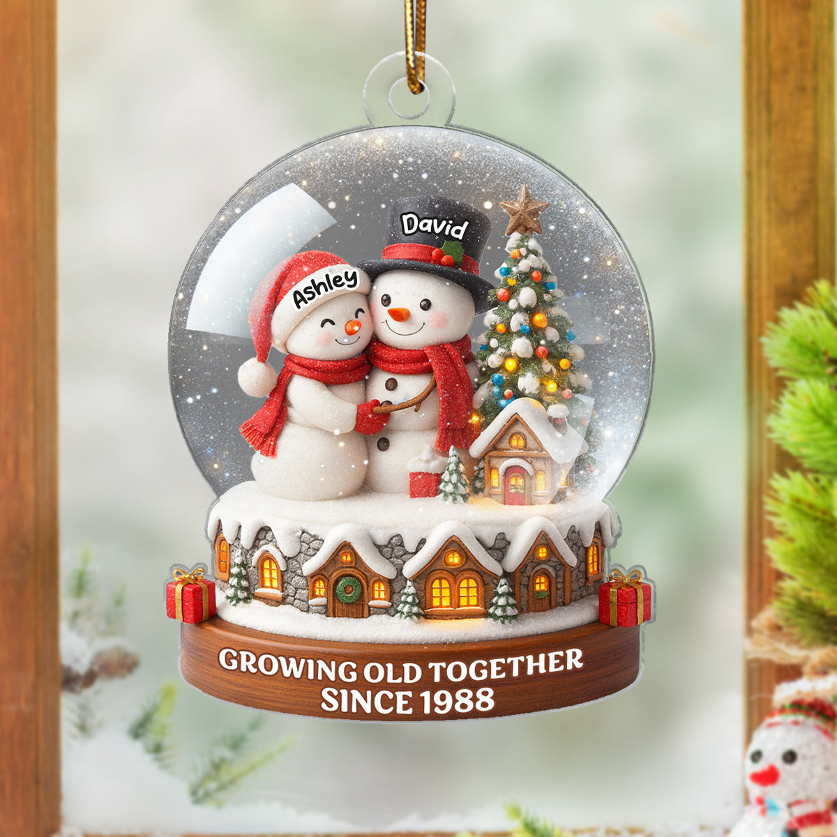 Snow Globe Snowman Couple Growing Old Together Personalized Acrylic Ornament, 3D Effect, Christmas Gift for him, Gift for her