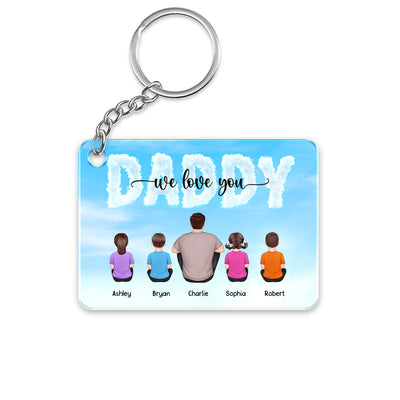 Blue Cloud Back View Dad And Kids Dogs Cats Sitting Personalized Acrylic Keychain