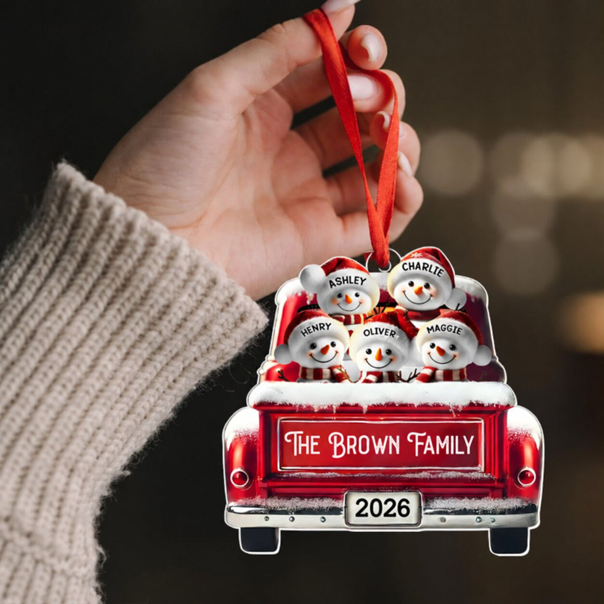 Personalized Snowman Family Acrylic Christmas Ornament, Red Truck Custom Name 3D Effect Ornament