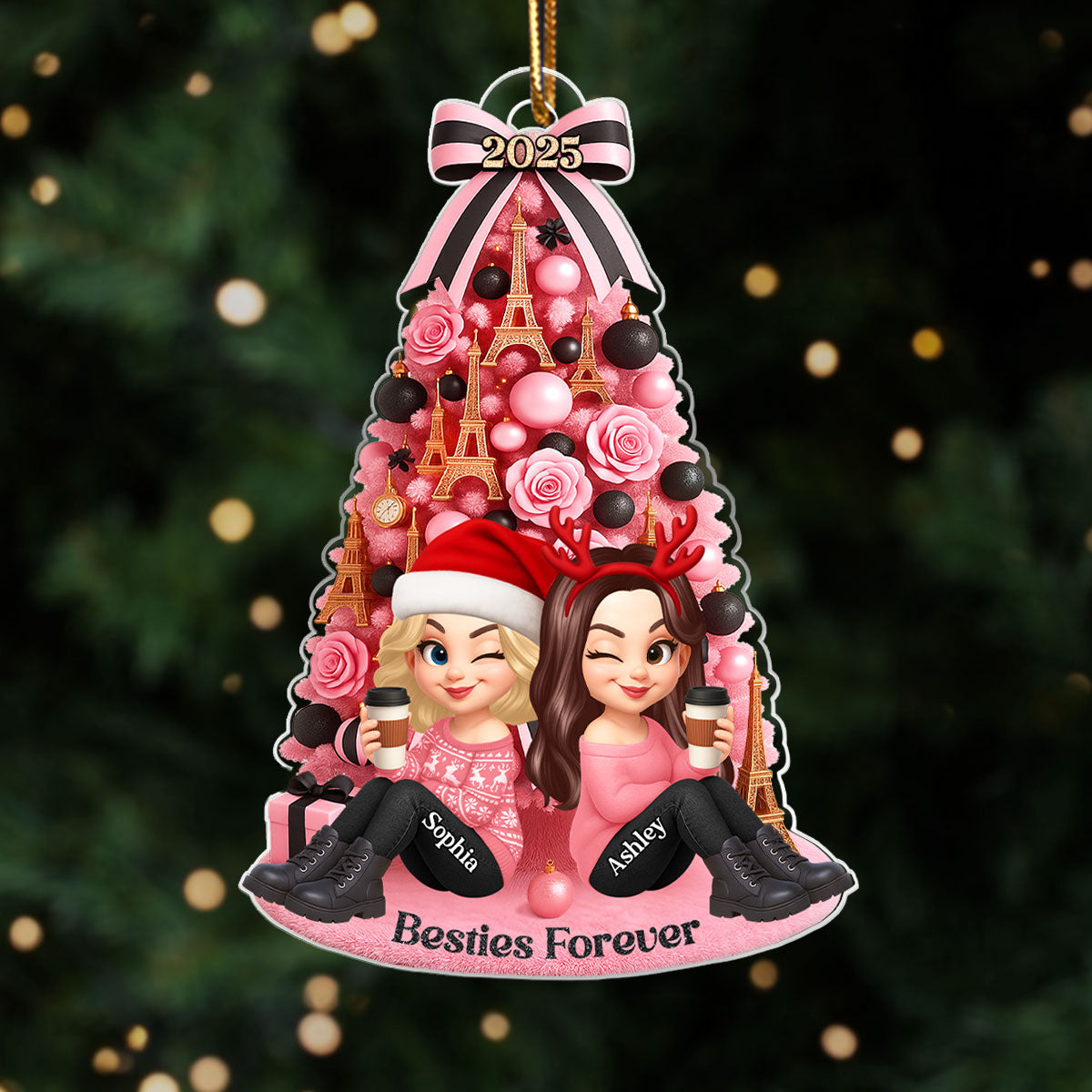 Besties Pink Christmas Tree Acrylic Ornament, Gift for Best Friends, Sisters