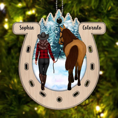 Girl And Horse Horseshoe Personalized Wooden Ornament