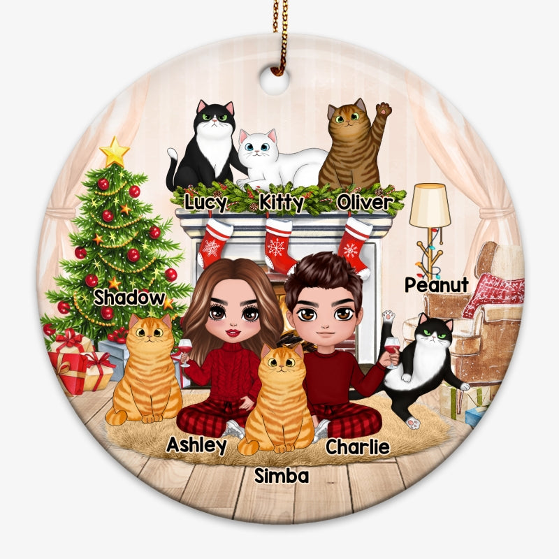 Couple And Cats Fireplace Christmas Personalized Circle Ornament