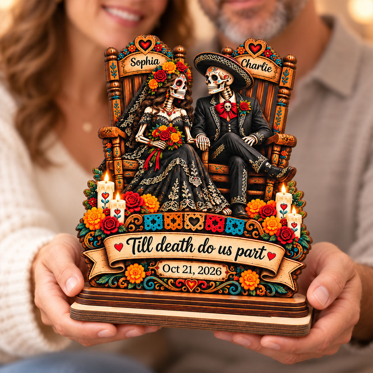 Till Death Do Us Part Skeleton 2D Flat - Personalized 2-Layered Wooden Plaque - Skull Decor Anniversary Wedding Gift for Couple, Gothic Home Decor, Dia de los Muertos, Day of the Dead Gift