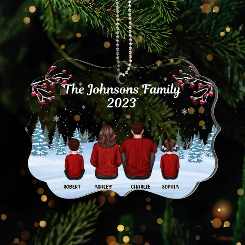 Family Sitting Back View Winter Background Personalized Acrylic Ornament