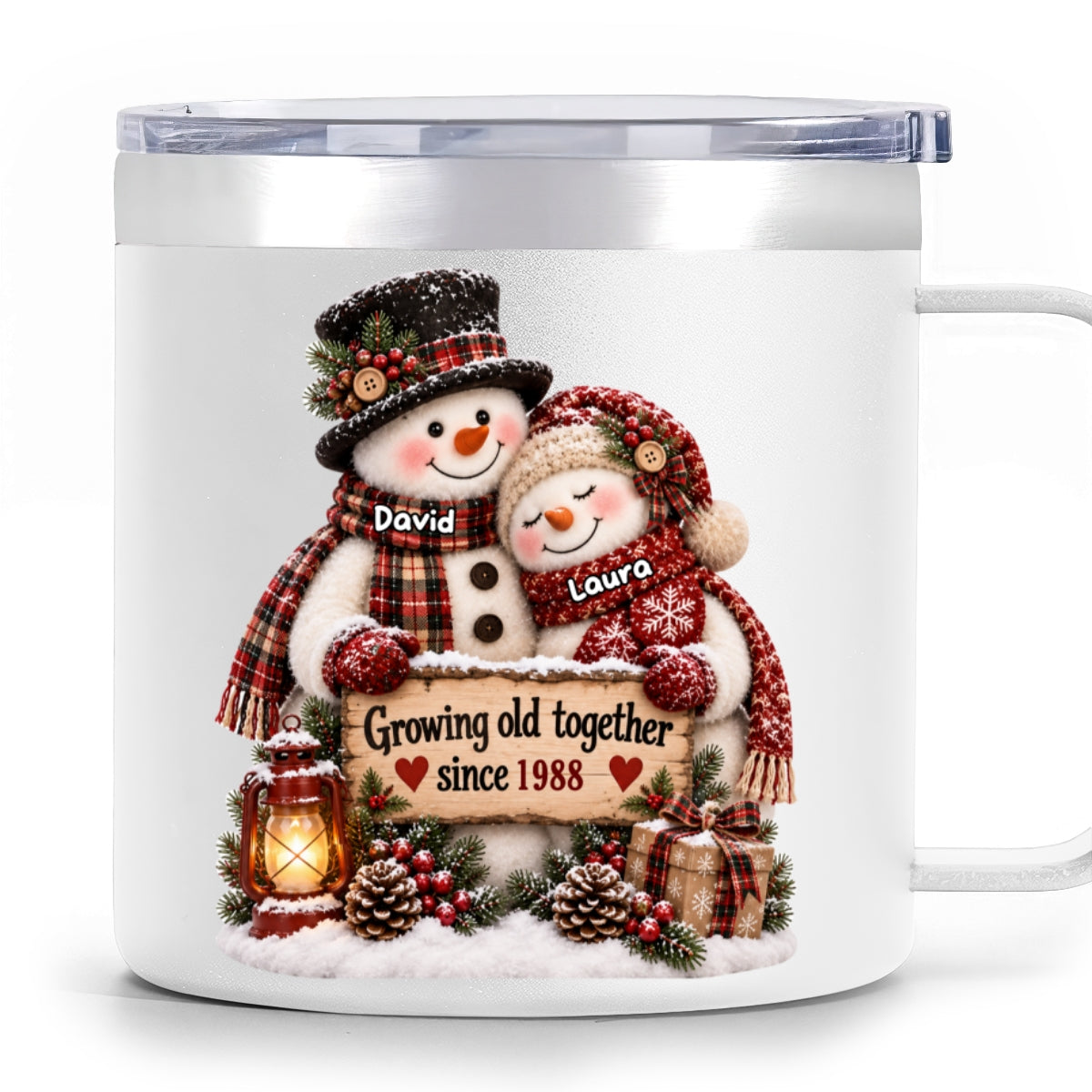 Snowman Couple Hugging Growing Old Together - Personalized Stainless Steel Tumbler With Handle - Heartfelt Christmas Gift for Her, for Him