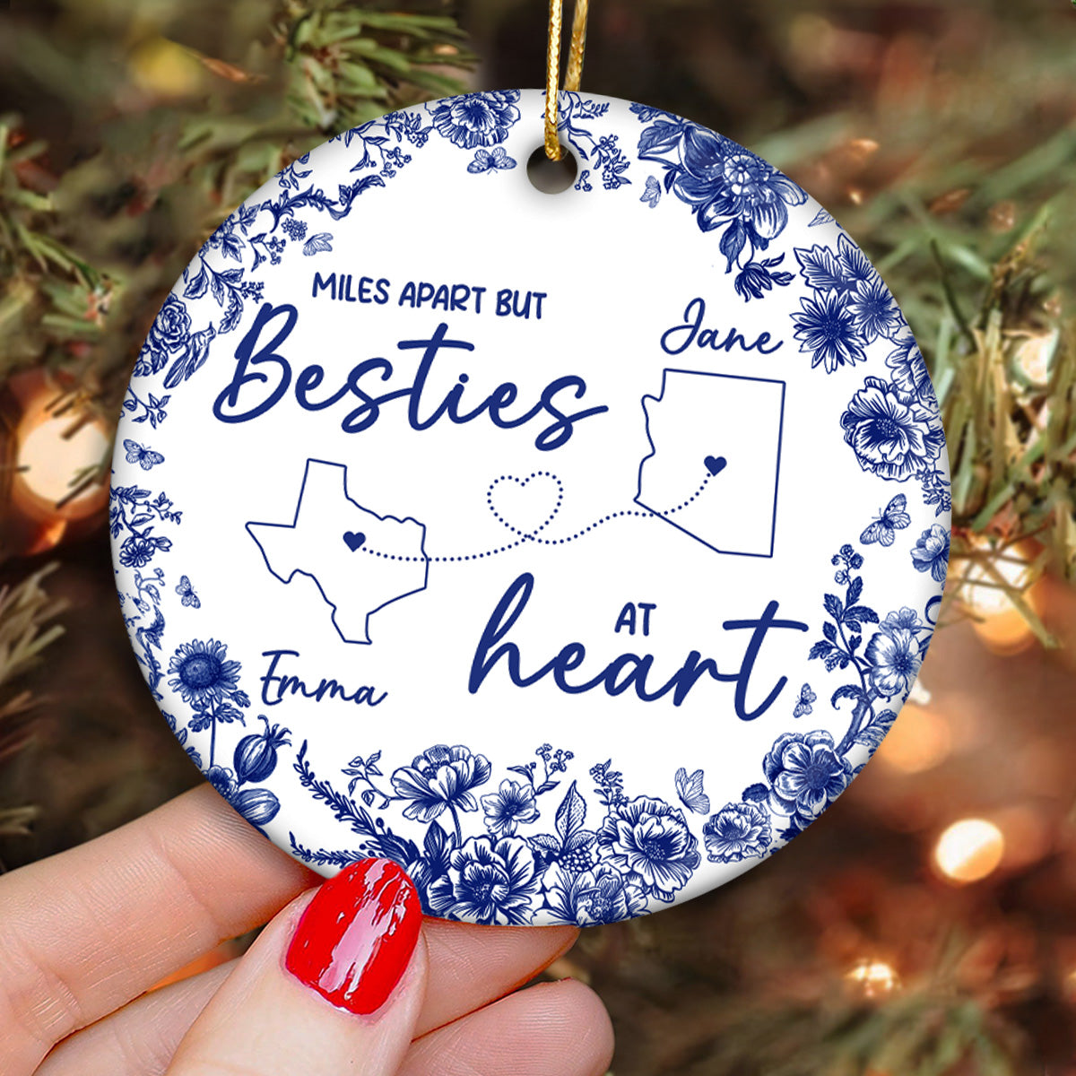 Chinoiserie Pattern Long Distance Besties State Map Personalized Ceramic Ornament