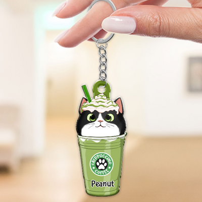 Cute Fluffy Cat Coffee Catpuchino Personalized Acrylic Keychain
