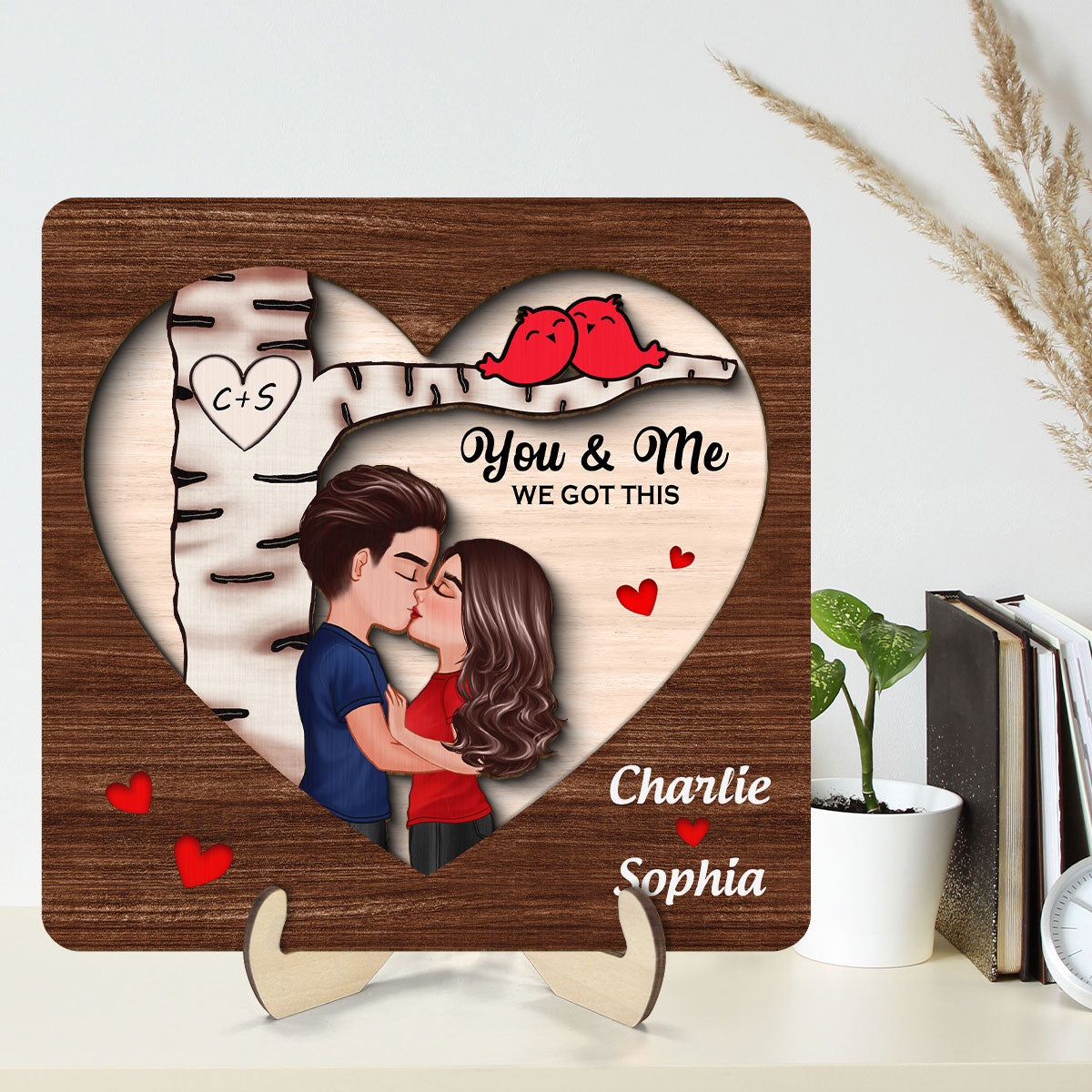Couple Kissing Under Tree With Love Birds Personalized 2-Layer Wooden Plaque