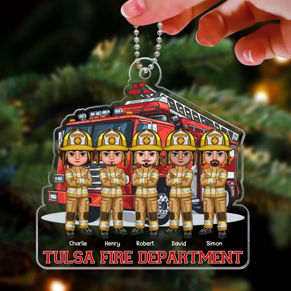 Firefighter Group Squad In Front Of Fire Truck Personalized Acrylic Ornament