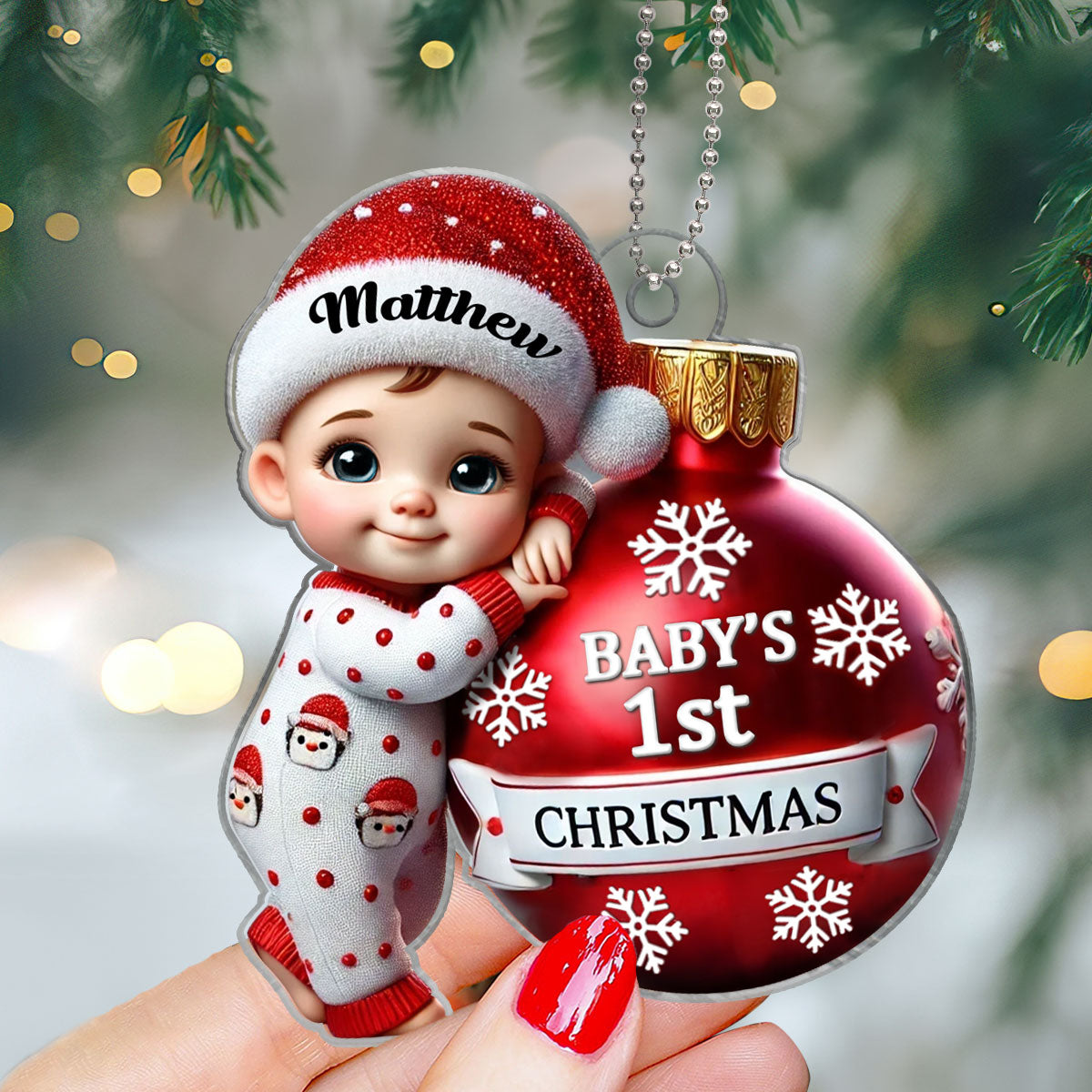 Baby Holding Bauble First Christmas Personalized 2D Flat Acrylic Ornament, Christmas Gift for New Mom, New Dad, Baby Keepsake